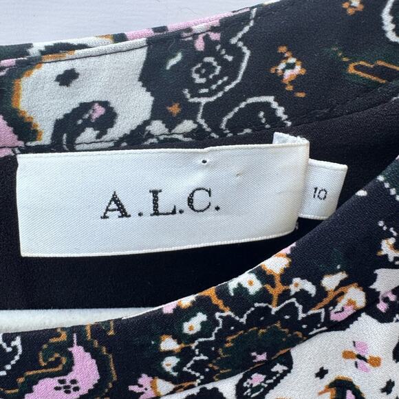 A.L.C. Tordi Abstract Floral Pleat 100% Silk Crepe Mini Dress Size 10 Tiered - Picture 5 of 13